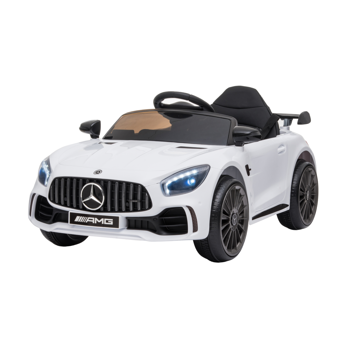 Mercedes AMG GT electric ride-on car for kids, front three-quarter view in white
