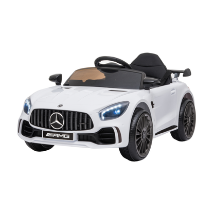 Mercedes AMG GT electric ride-on car for kids, front three-quarter view in white