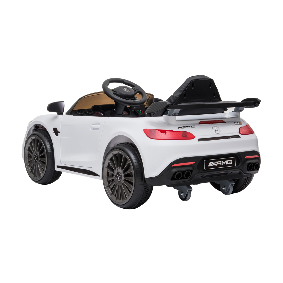 Mercedes AMG GT electric ride-on car for kids, rear three-quarter view in white