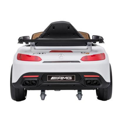 Mercedes AMG GT electric ride-on car for kids seen from behind in white