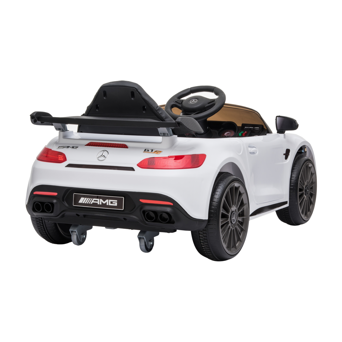 Mercedes AMG GT electric ride-on car for kids, rear three-quarter view in white