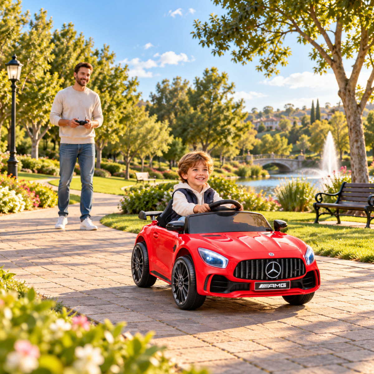 Child driving the Mercedes AMG GT electric ride-on car for kids with an adult nearby