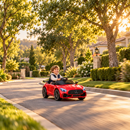 Child driving the Mercedes AMG GT electric ride-on car for kids in a park