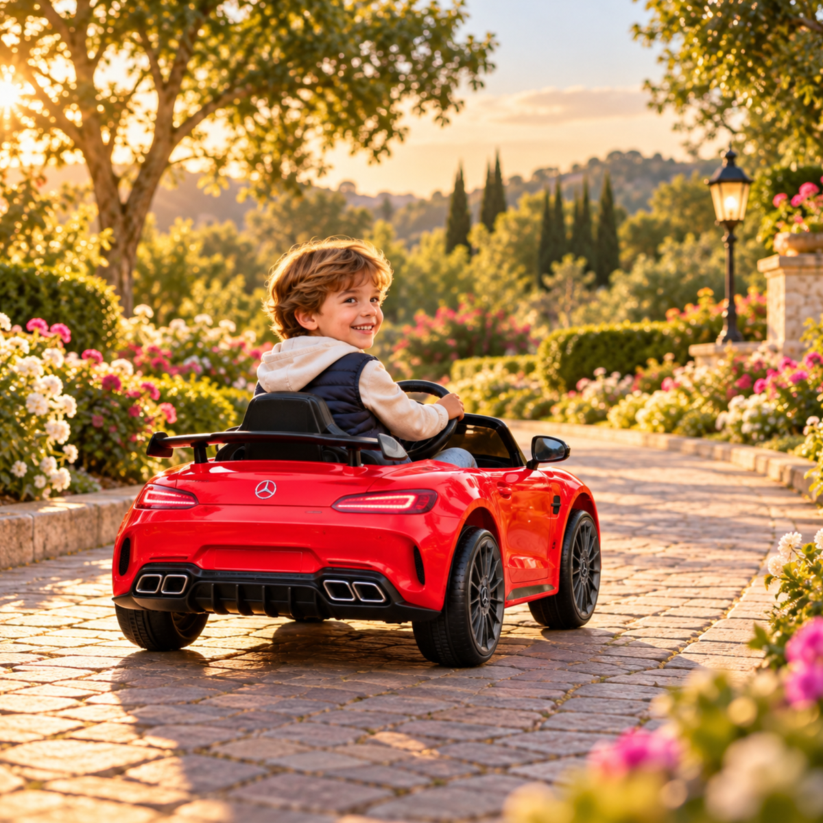 Child driving the Mercedes AMG GT electric ride-on car for kids in red in a park