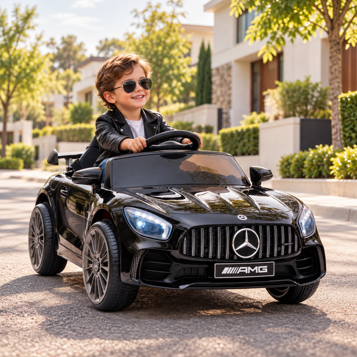 Child driving the Mercedes AMG GT electric ride-on car for kids