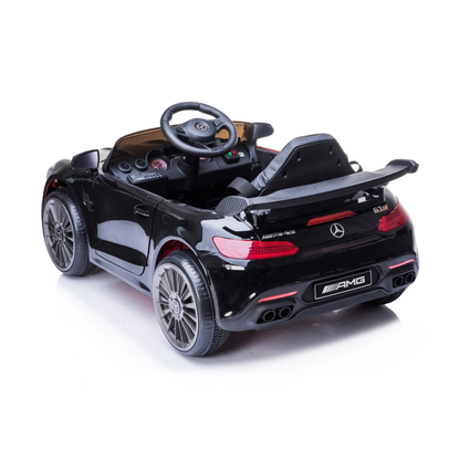 Mercedes AMG GT electric ride-on car for kids, rear three-quarter view in black