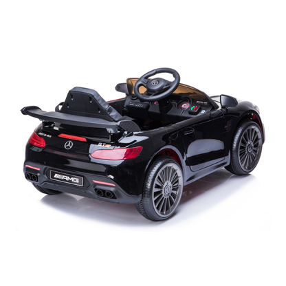 Mercedes AMG GT electric ride-on car for kids, rear three-quarter view in black
