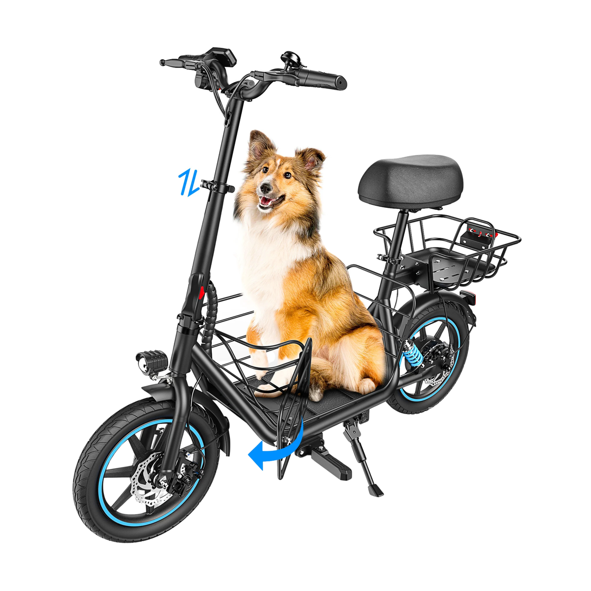 Black GYROOR C1 Plus with a saddle, rear basket and blue rims, with a dog sitting on the footplate