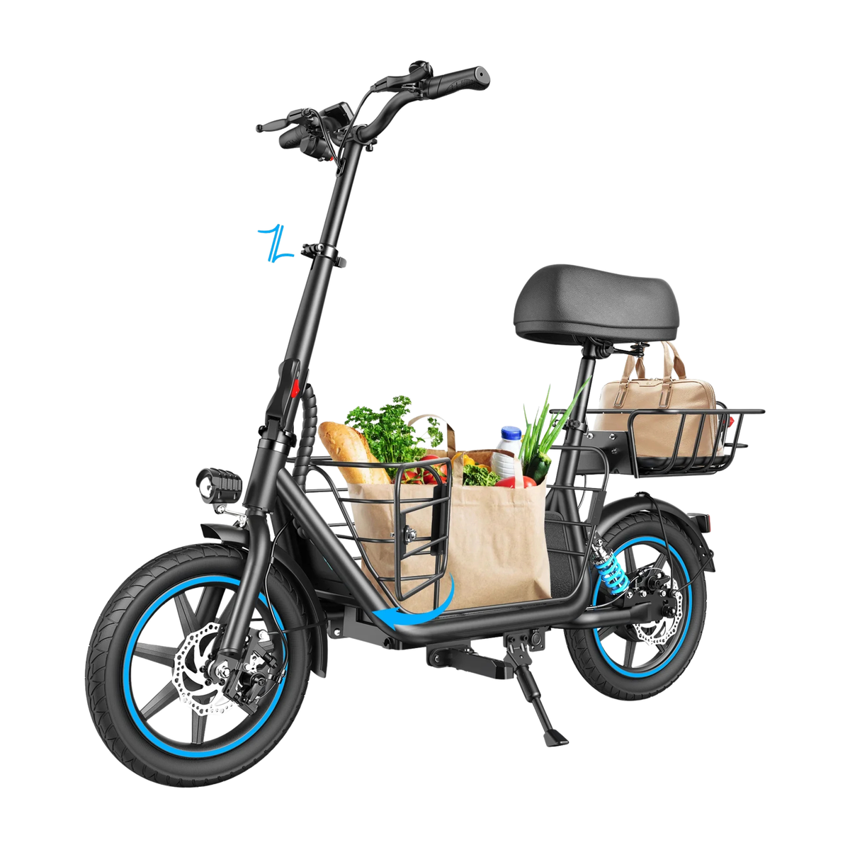 GYROOR C1 Plus seen from the front at an angle with a grocery bag in the front basket and a bag in the rear basket