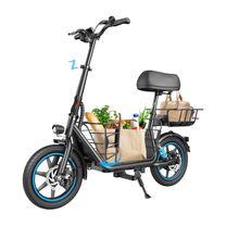 GYROOR C1 Plus seen from the front at an angle with a grocery bag in the front basket and a bag in the rear basket