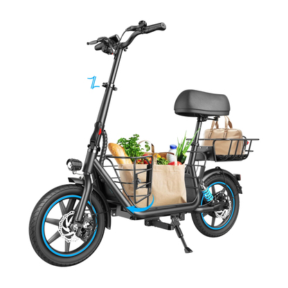 GYROOR C1 Plus seen from the front at an angle with a grocery bag in the front basket and a bag in the rear basket