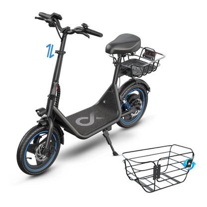 GYROOR C1 Plus seen from the front at an angle with a saddle and rear basket, and a separate black basket beside it