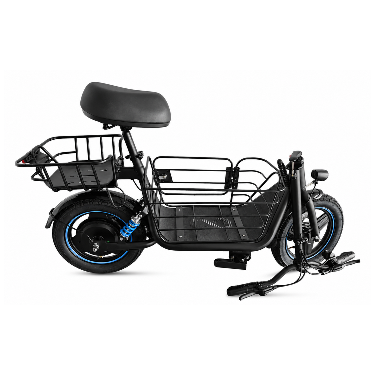 GYROOR C1 Plus in side view with a black seat, baskets at the front and rear, blue rim edges and a blue spring at the rear wheel