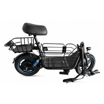 GYROOR C1 Plus in side view with a black seat, baskets at the front and rear, blue rim edges and a blue spring at the rear wheel