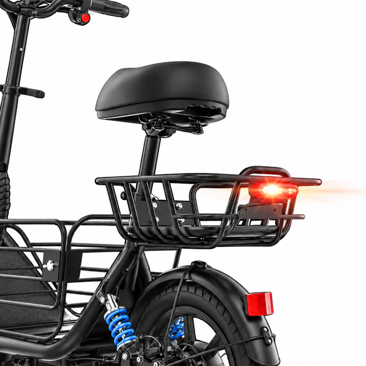 GYROOR C1 Plus seen from behind from the side with a saddle, luggage rack, red tail light and blue rear spring