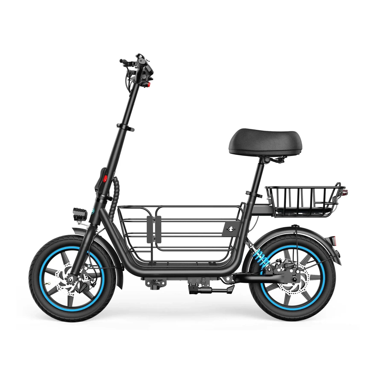 GYROOR C1 Plus seen from the side with a black saddle, baskets at the front and rear, and wheels with blue rim edges