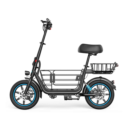 GYROOR C1 Plus seen from the side with a black saddle, baskets at the front and rear, and wheels with blue rim edges