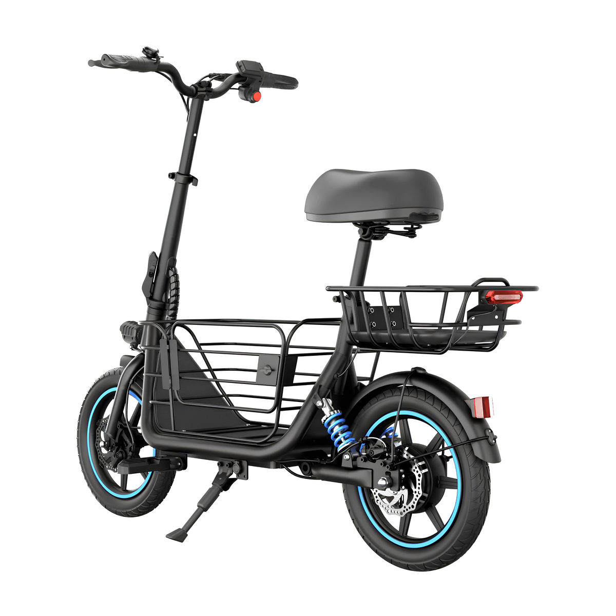 GYROOR C1 Plus seen from the rear at an angle with a black frame, saddle, luggage baskets, blue shock absorbers and a side stand
