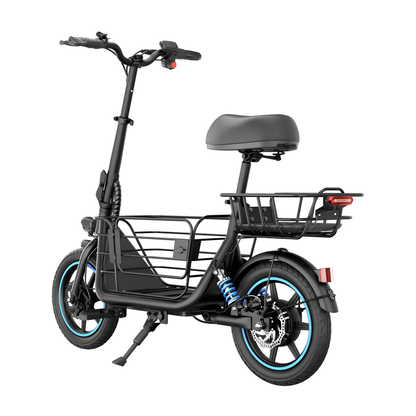 GYROOR C1 Plus seen from the rear at an angle with a black frame, saddle, luggage baskets, blue shock absorbers and a side stand