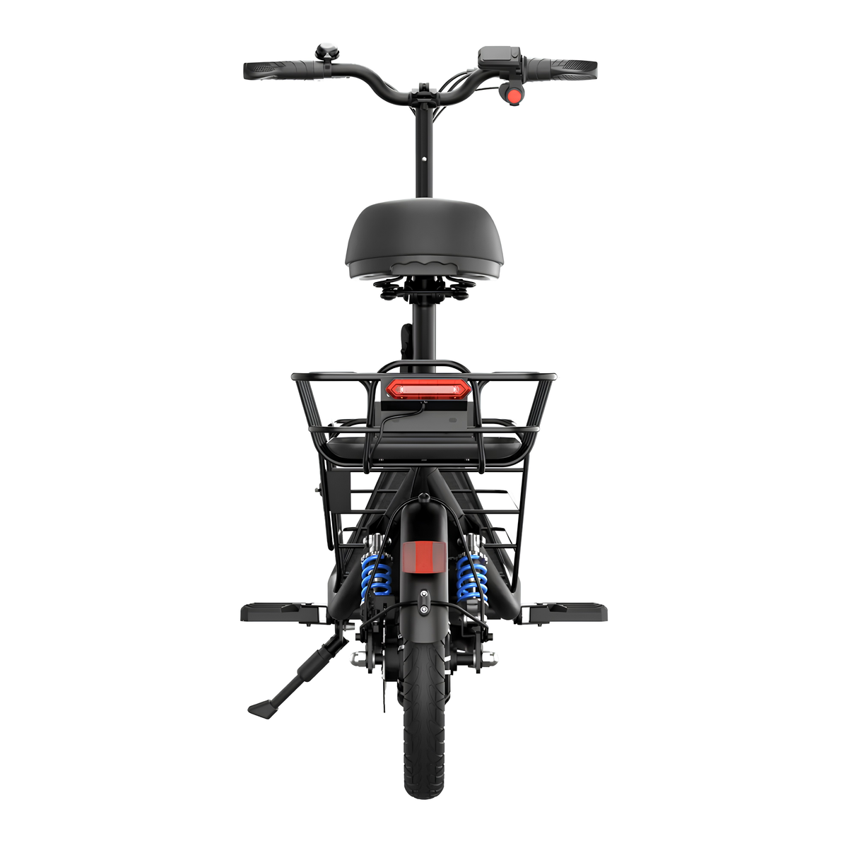 GYROOR C1 Plus seen straight from behind with a saddle, rear basket, red tail light, blue shock absorbers and footplates