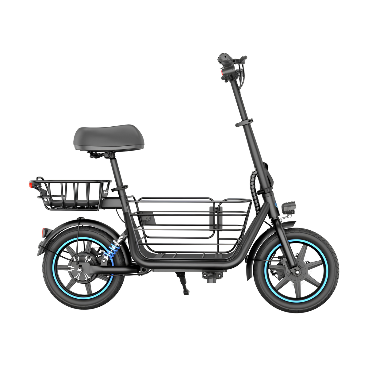 GYROOR C1 Plus seen from the side with a seat, rear basket, front basket and blue details on the wheels