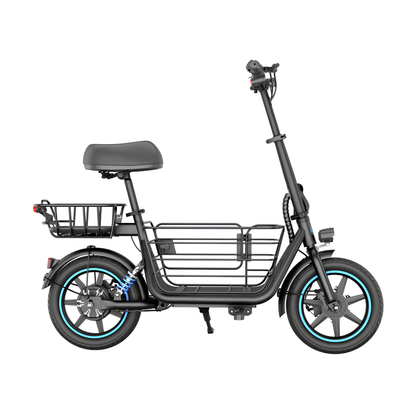 GYROOR C1 Plus seen from the side with a seat, rear basket, front basket and blue details on the wheels