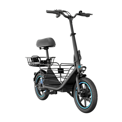 GYROOR C1 Plus seen from the front at an angle with a saddle, baskets at the front and rear, and blue details on the wheels