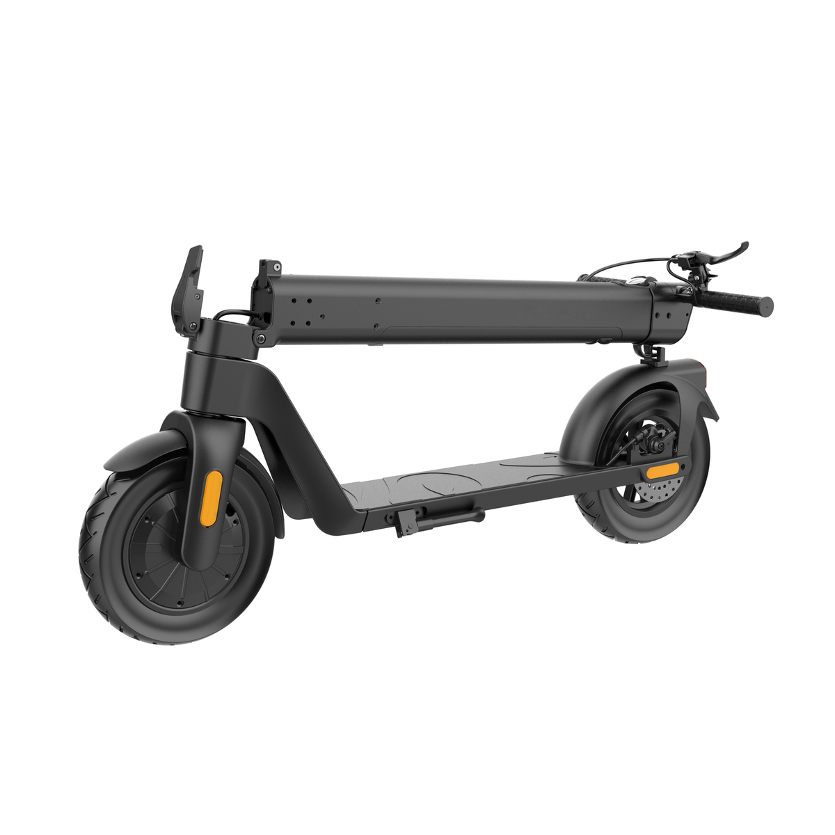 HX D01 electric scooter folded, front three-quarter view
