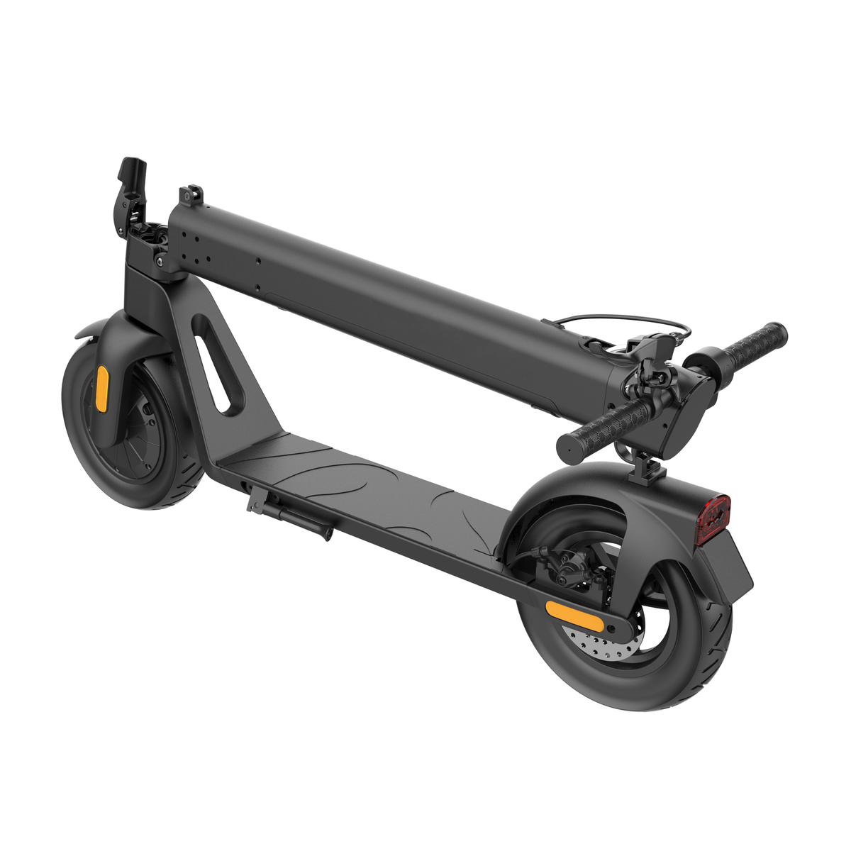 HX D01 electric scooter folded, rear three-quarter view from the opposite side