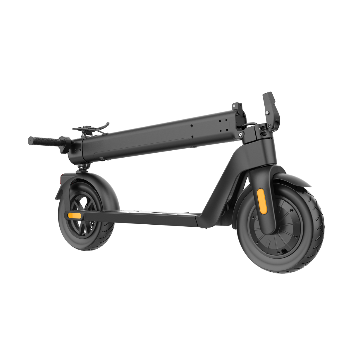 HX D01 electric scooter folded, front three-quarter view