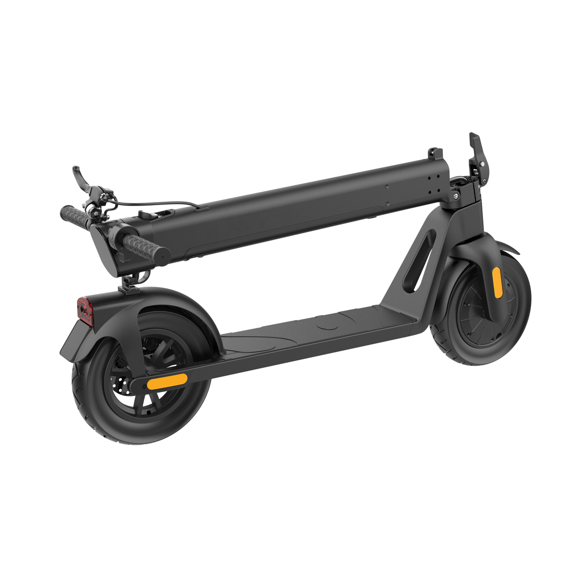 HX D01 electric scooter folded, rear three-quarter view