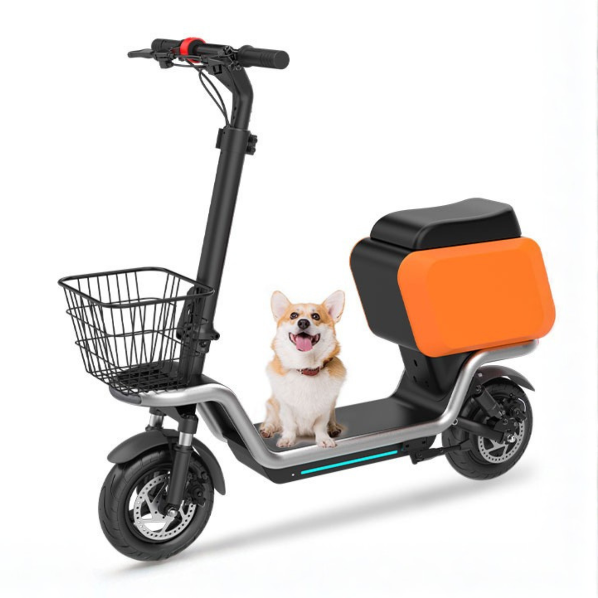 HX S20 electric scooter, front three-quarter view with a dog