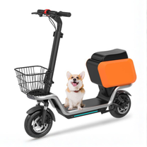 HX S20 electric scooter, front three-quarter view with a dog