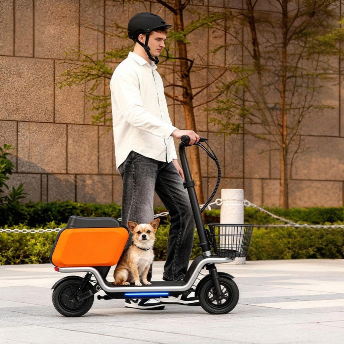 Man standing with the HX S20 electric scooter with a dog