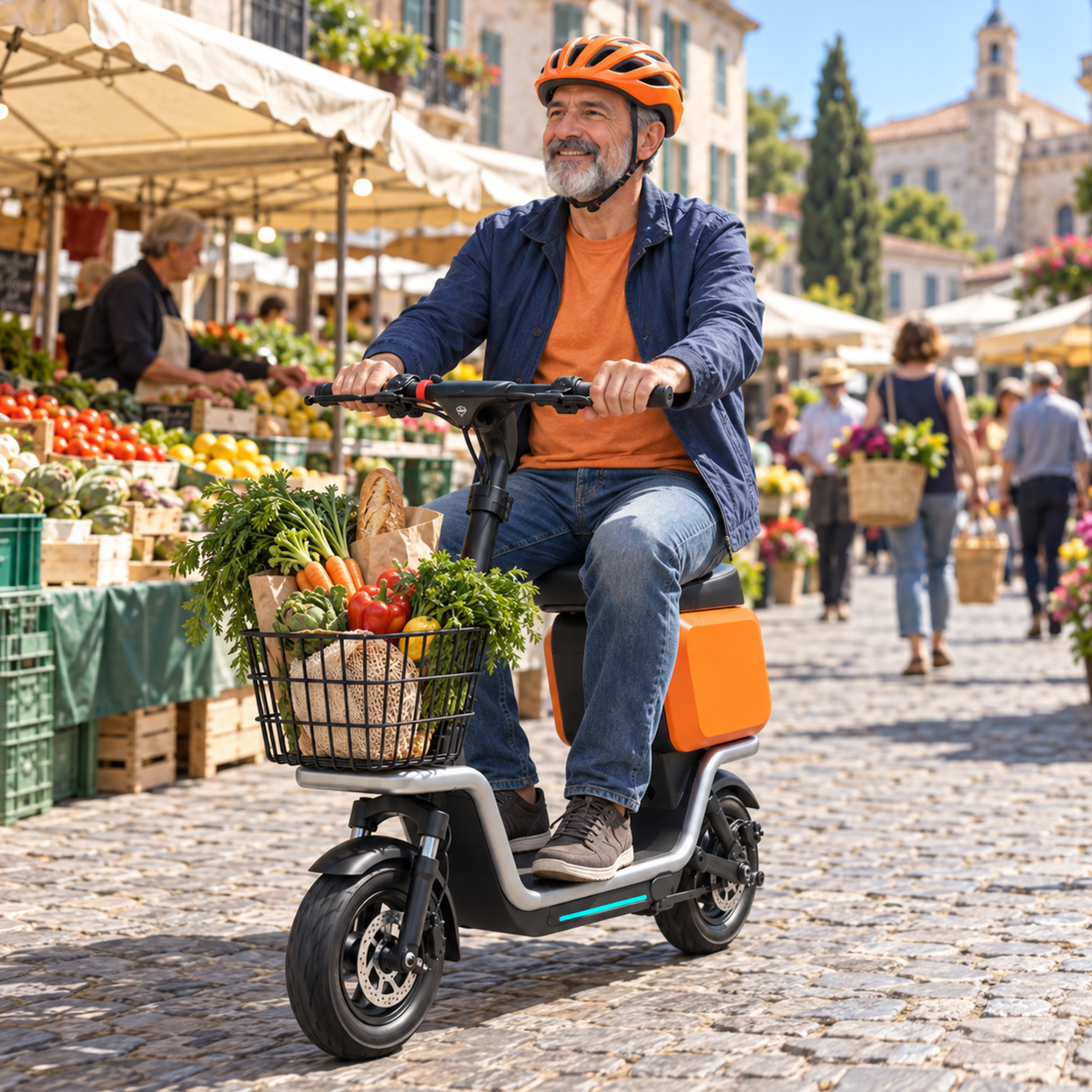 Man riding the HX S20 electric scooter seated in the city