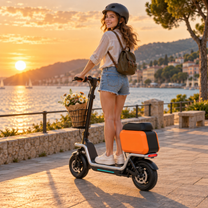 Woman standing with the HX S20 electric scooter at sunset
