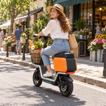 Woman riding the HX S20 electric scooter seated on a street