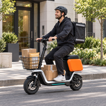 Man riding the HX S20 electric scooter seated in the city