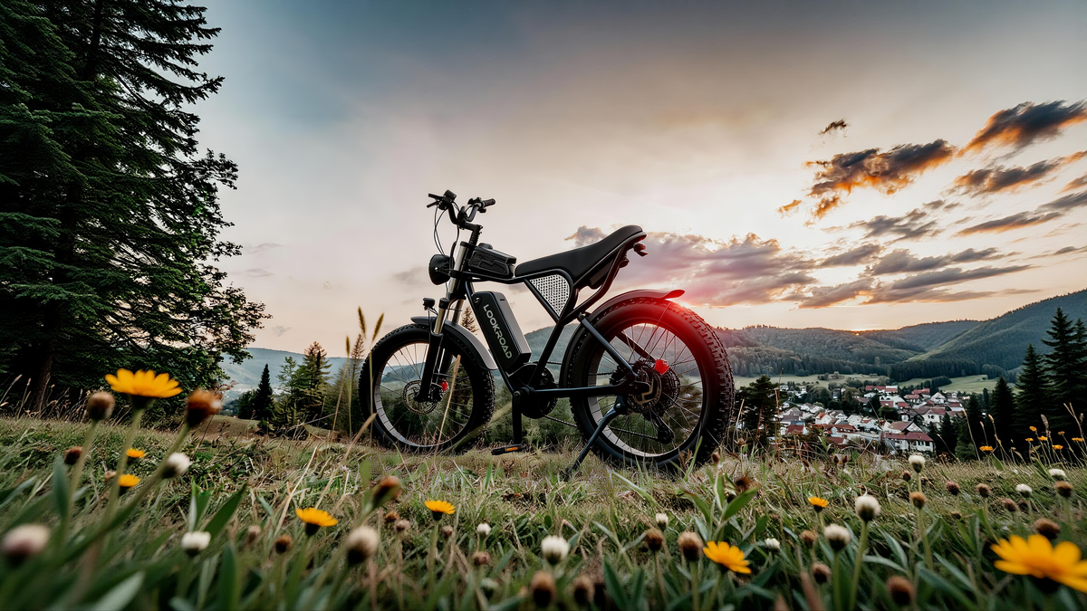 LOOKROAD L20 fat-tyre e-bike, front three-quarter view on a grassy field