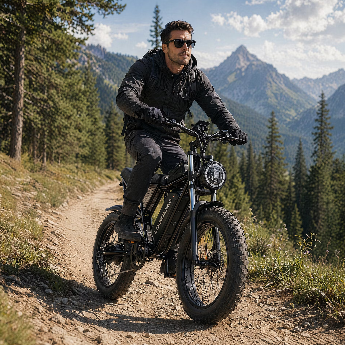 Rider taking the LOOKROAD L20 fat-tyre e-bike off-road