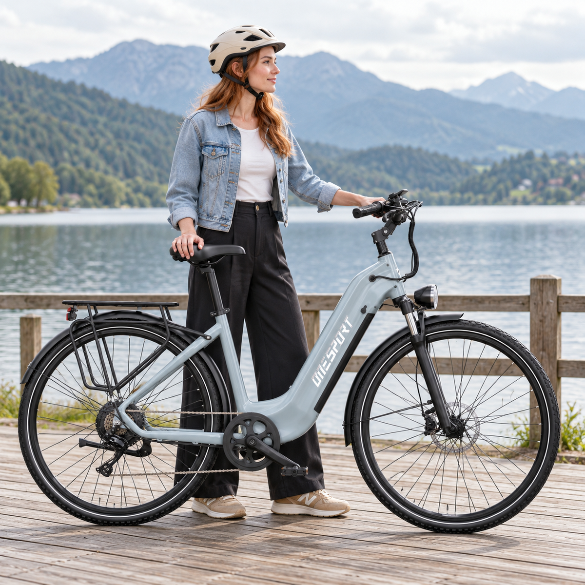Light grey OneSport OT05 Max electric bike with low frame, next to a woman wearing a helmet on a jetty by a lake