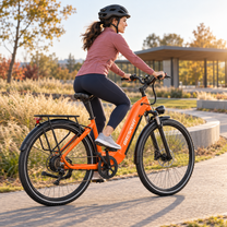 Woman riding an orange OneSport OT05 Max on a footpath in a park
