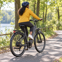 Woman riding a grey OneSport OT05 Max on a forest road next to a lake