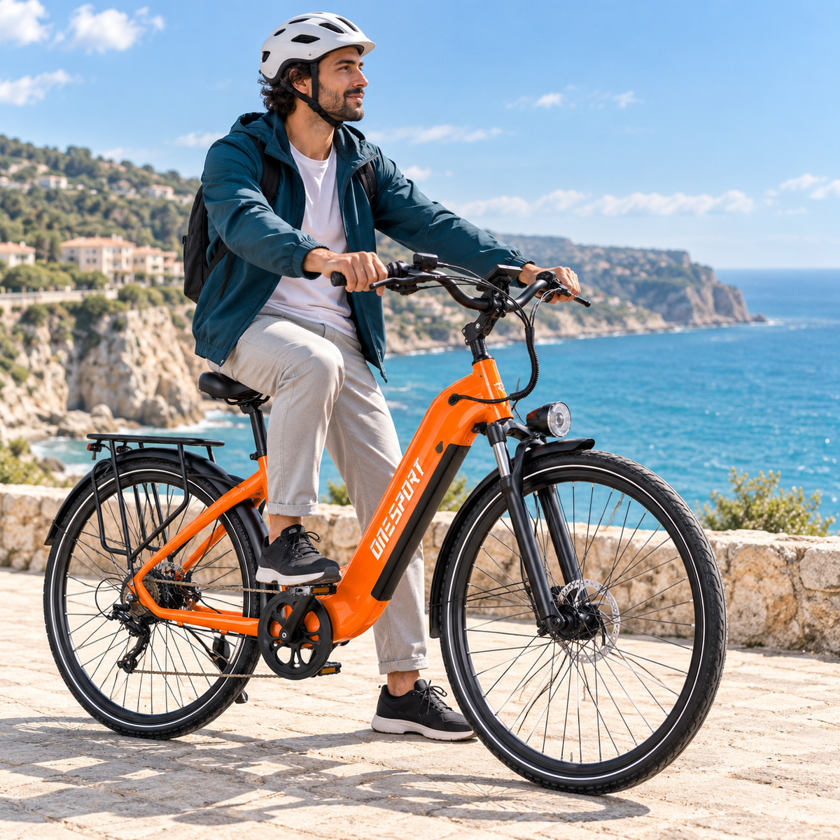 Man sitting on an orange OneSport OT05 Max by the sea with cliffs in the background
