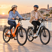 Two people riding an orange and a light grey OneSport OT05 Max on a quay at sunset