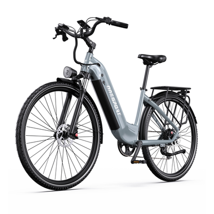 OneSport OT05 Max grey electric bicycle with low step-through frame, front three-quarter view with headlight, mudguards and rear rack