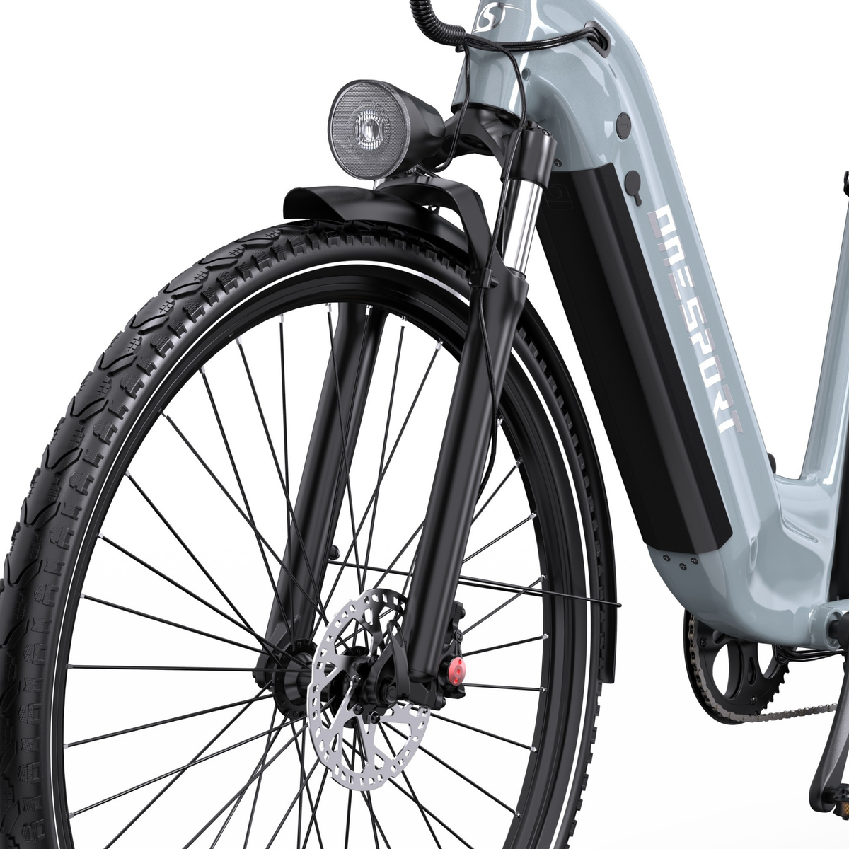 OneSport OT05 Max close-up of front wheel, fork, disc brake, headlight and frame