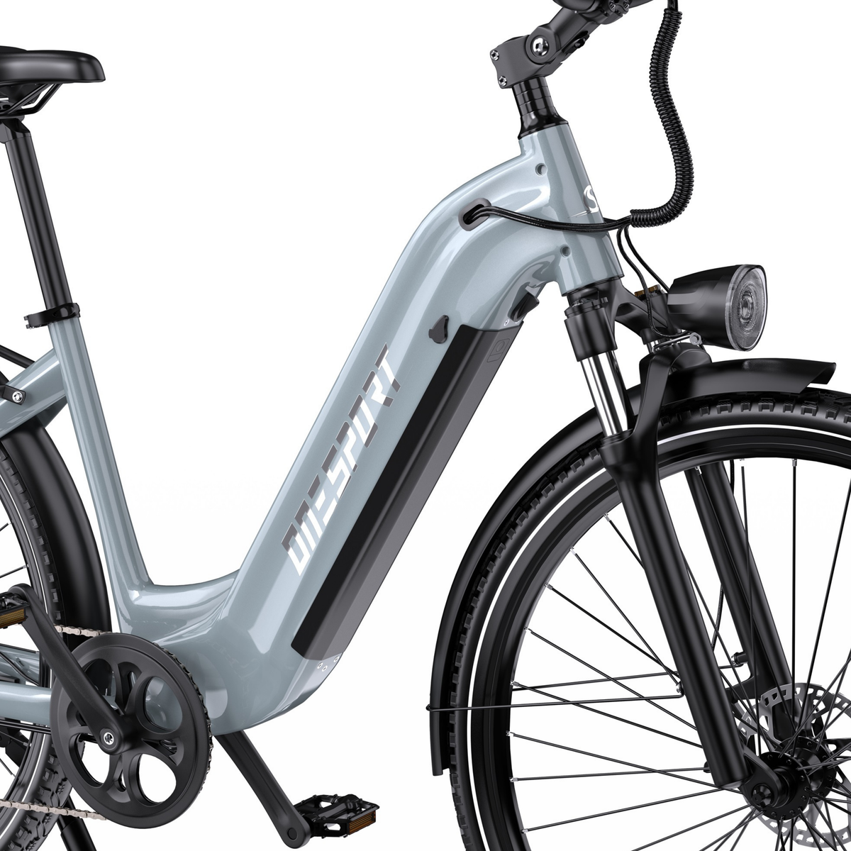 OneSport OT05 Max close-up of grey low step-through frame, battery, chainring and pedal
