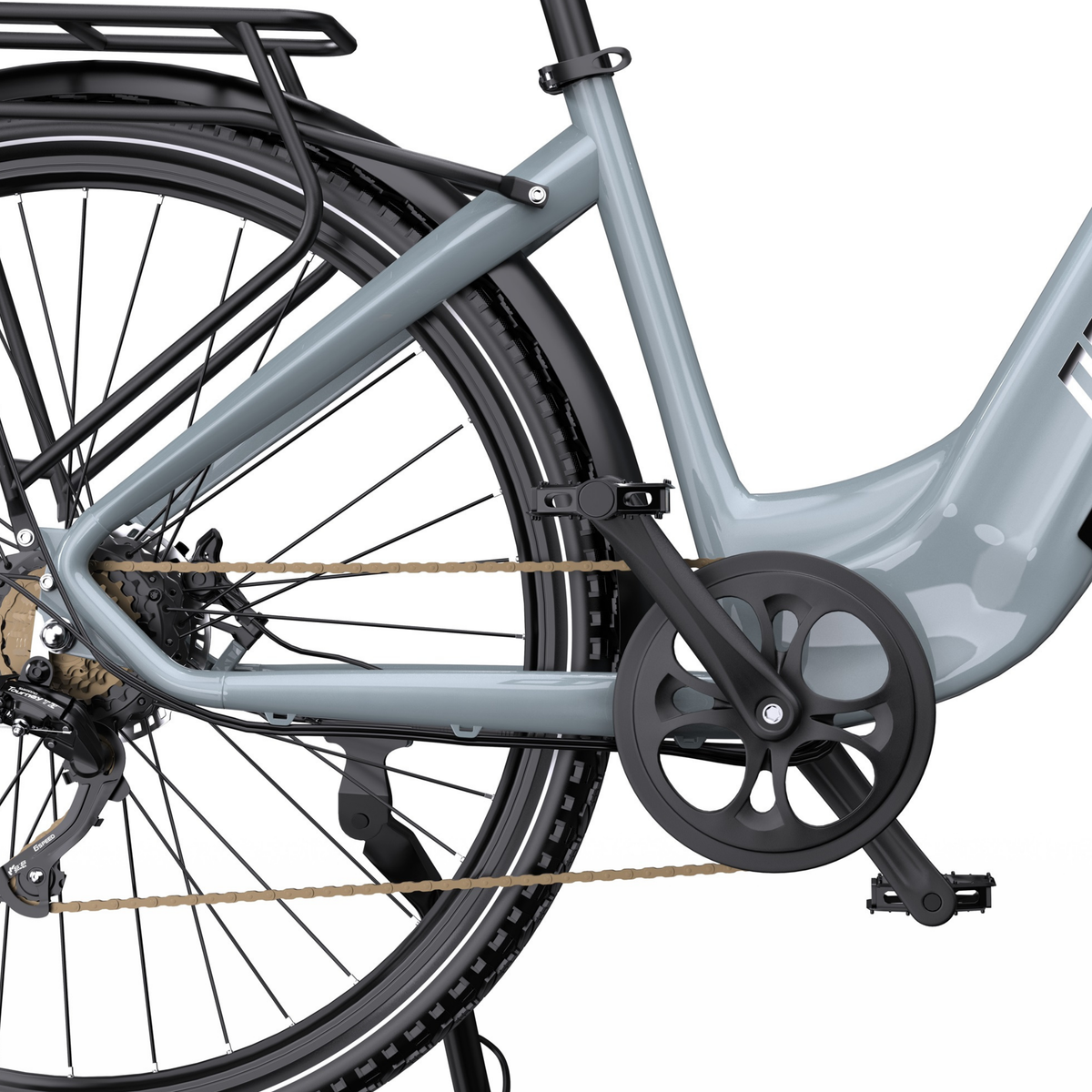 OneSport OT05 Max, close-up of grey frame, crank, chain and rear wheel with rear rack