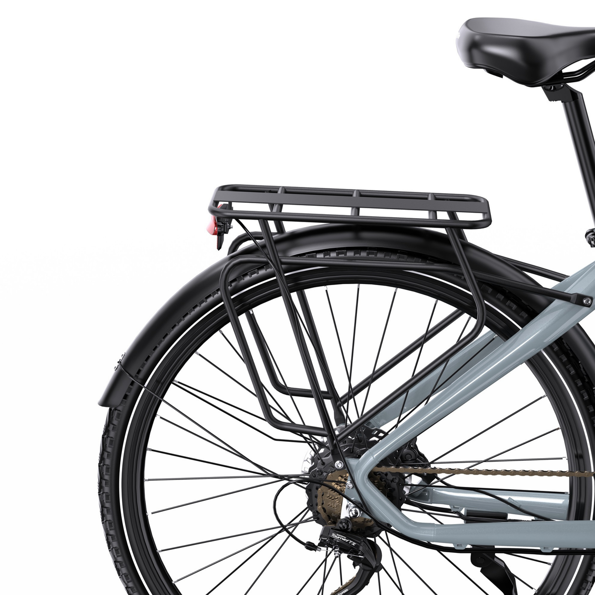 OneSport OT05 Max seen from behind with black rear rack, mudguard, rear light and saddle